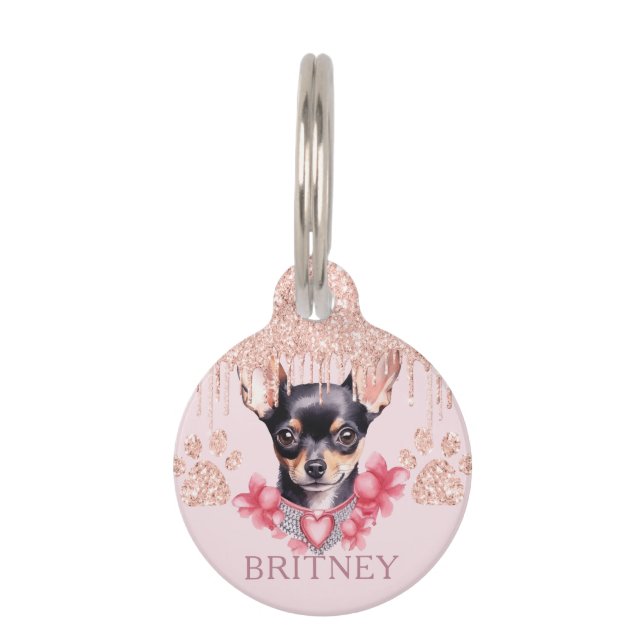 Placa Para Mascotas Elegante perro chihuahua con Purpurina personaliza (Anverso)