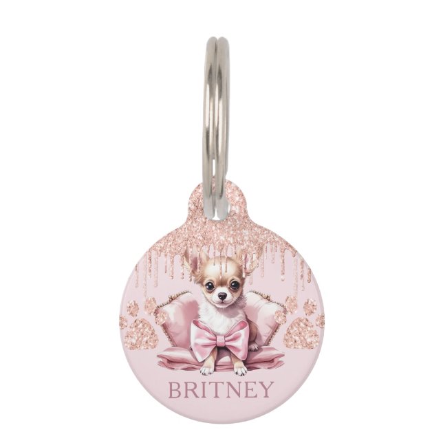 Placa Para Mascotas Elegante perro chihuahua con Purpurina personaliza (Anverso)