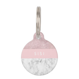 Placa Para Mascotas Elegante purpurina rosa dorado y mármol blanco