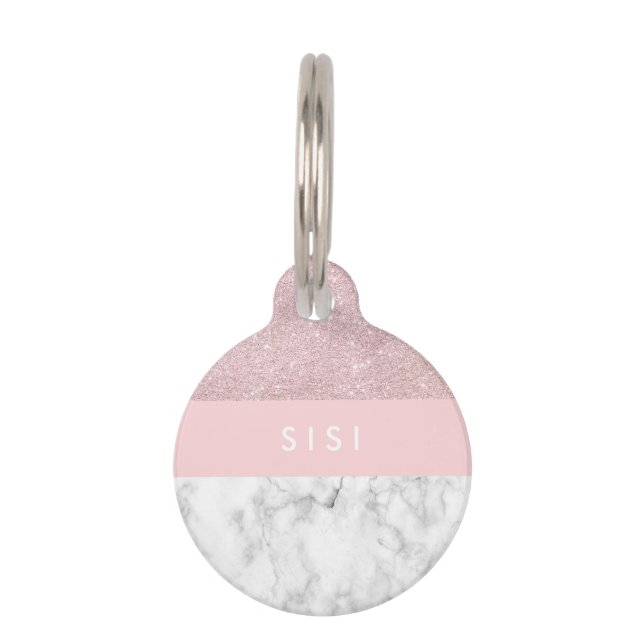 Placa Para Mascotas Elegante purpurina rosa dorado y mármol blanco (Anverso)