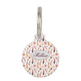 Placa Para Mascotas Elegante Resumen Color Rosa Patrón Floral Nombre M