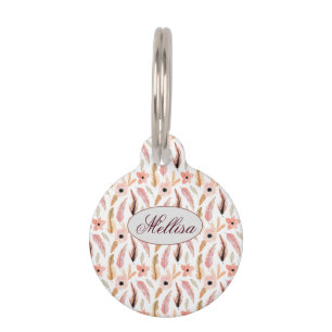 Placa Para Mascotas Elegante Resumen Color Rosa Patrón Floral Nombre M