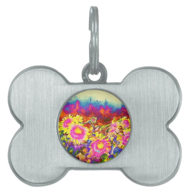 Placa Para Mascotas Elegante retro boho acuarela campos de girasoles (Frente)