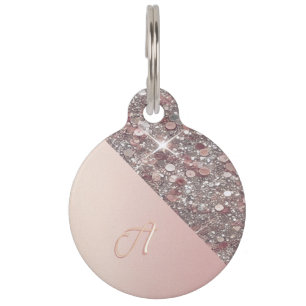 Placa Para Mascotas Elegante Rosa Monograma Dorado Etiqueta Redonda de