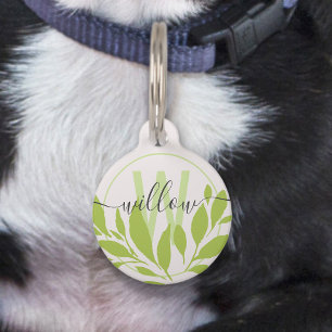 Placa Para Mascotas Elegante Simple Monograma de Nombre con Hojas Verd