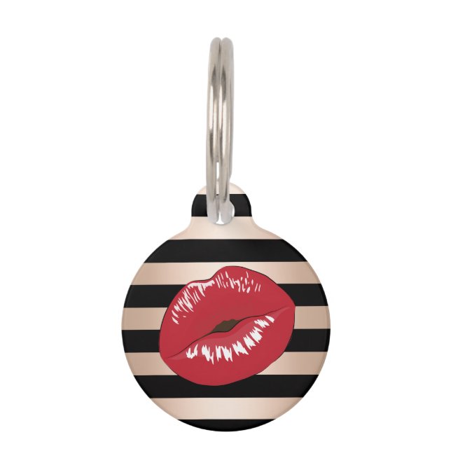 Placa Para Mascotas elegantes labios rojos rosa rayas negras de oro (Anverso)