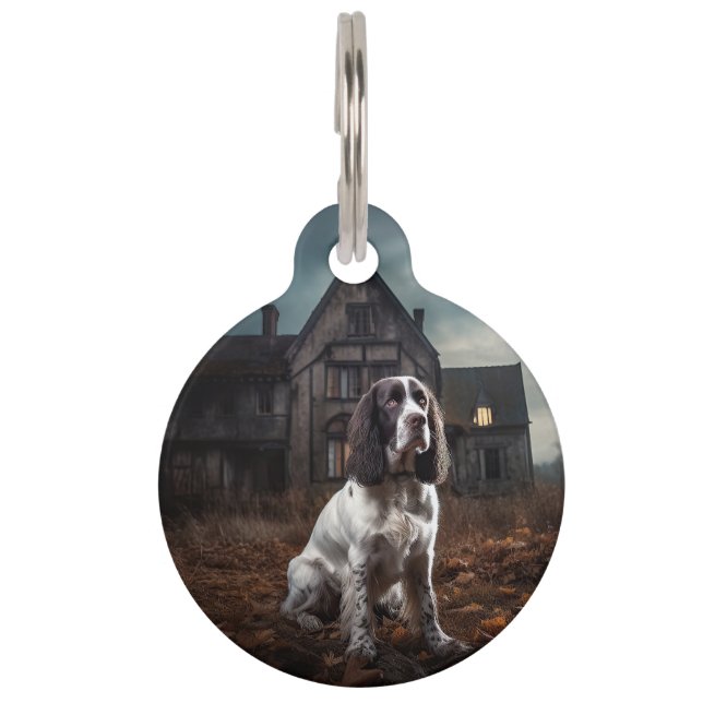 Placa Para Mascotas English Springer Spaniel de Halloween aterrador (Anverso)