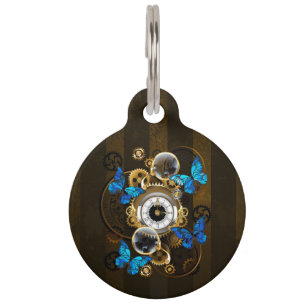 Placa Para Mascotas Engranajes Steampunk y mariposas azules