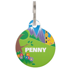 Placa Para Mascotas Escena de montaña con etiqueta redonda de castillo