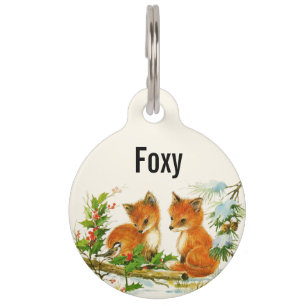 Placa Para Mascotas Escena de Navidades Retro de zorros de época