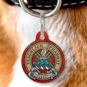 Placa Para Mascotas Escudo de armas del Clan Morrison sobre tartán roj