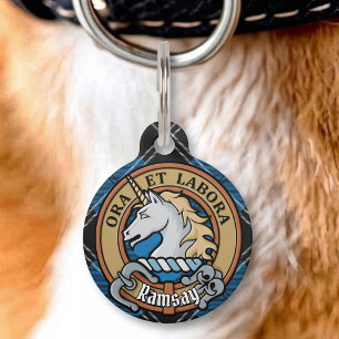Placa Para Mascotas Escudo del Clan Ramsay sobre Tartán de Caza Azul