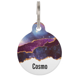 Placa Para Mascotas Espacio azul y púrpura y estrellas con cinta dorad
