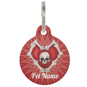 Placa Para Mascotas Espeluznante Corazón Rojo de Huesos Patrón de Espi