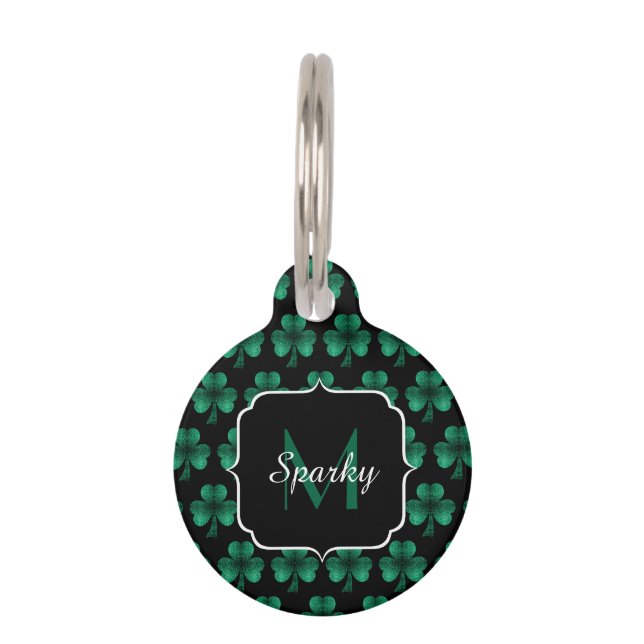 Placa Para Mascotas Espuma verde esmeralda Shamrock negro Monograma (Anverso)
