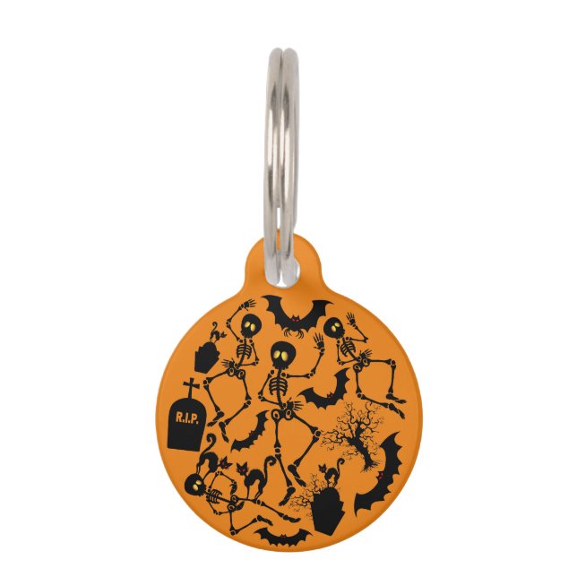Placa Para Mascotas Esqueletos de Halloween Danza macabra (Anverso)