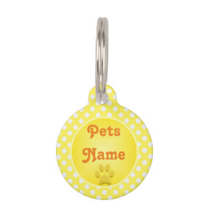 Placa Para Mascotas Estampa de pata amarilla y lunares personalizados