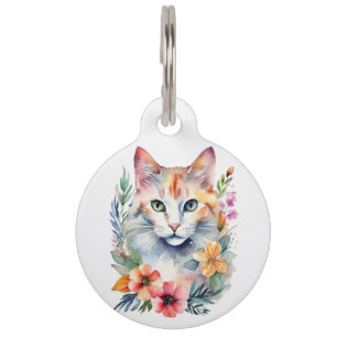 Placa Para Mascotas Estilo acuarela Gato blanco floral