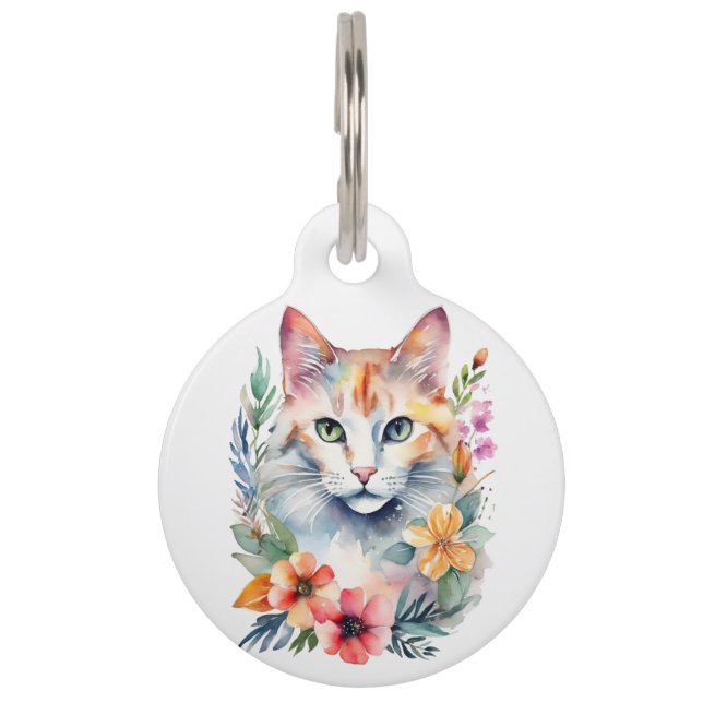 Placa Para Mascotas Estilo acuarela Gato blanco floral (Anverso)