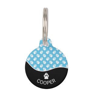 Placa Para Mascotas Estilo Patrón de Huellas de Perro Negras y Azules