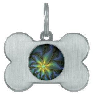 Placa Para Mascotas Estrella abstracta, arte fractal dorado verde azul