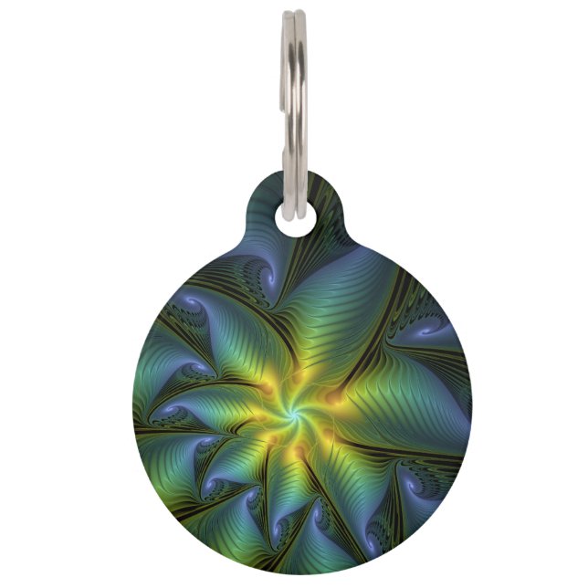 Placa Para Mascotas Estrella abstracta, brillante arte azul verde dora (Anverso)