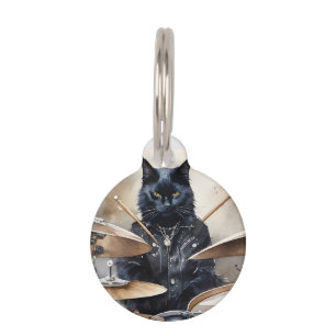 Placa Para Mascotas Estrella de rock de gato negro personalizado tambo