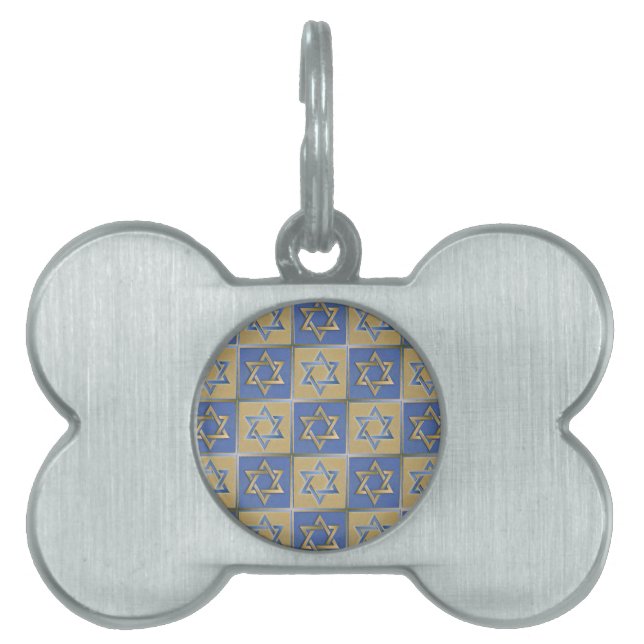 Placa Para Mascotas Estrella Judaica De David Metalizado Gold Blue (Frente)