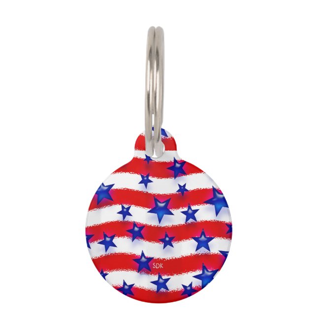 Placa Para Mascotas Estrellas azules patrióticas onduladas sobre rayas (Anverso)