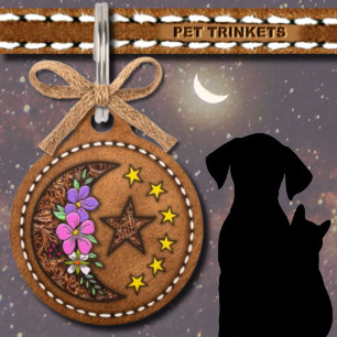 Placa Para Mascotas Estrellas celestes de la luna con cuero marrón flo
