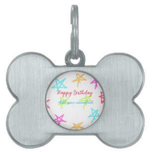 Placa Para Mascotas Estrellas coloridas feliz cumpleaños agregar nombr