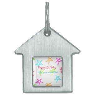 Placa Para Mascotas Estrellas coloridas feliz cumpleaños agregar nombr