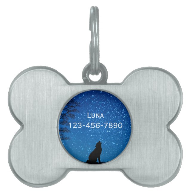 Placa Para Mascotas estrellas de luna de lobo (Frente)