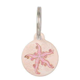 Placa Para Mascotas Estrellas de mar y coral patrón pastel rosa