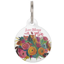 Etiqueta de mascota "amor florece" con el nombre d