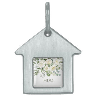 Placa Para Mascotas Etiqueta de mascota de boda floral blanca personal