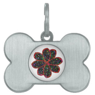 Placa Para Mascotas Etiqueta de mascota de flor negra y Purpurina rojo