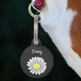 Placa Para Mascotas Etiqueta de mascota negra de la flor de margarita 