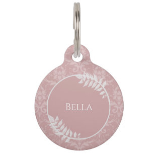Placa Para Mascotas Etiqueta de mascota redonda de Damask elegante ros