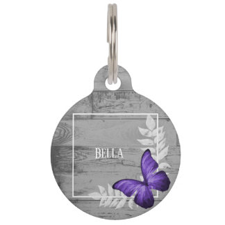 Placa Para Mascotas Etiqueta de mascota redondeada de mariposa morada