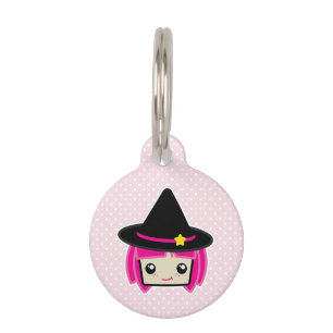 Placa Para Mascotas Etiqueta de perro de bruja rosa de Kawaii