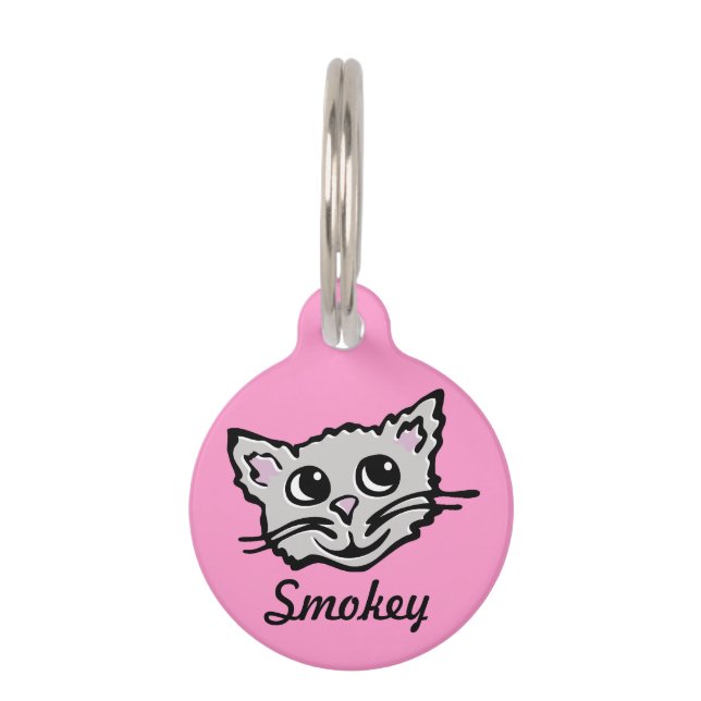 Placa Para Mascotas Etiqueta mascota de nombre de gato gris rosado y d (Anverso)