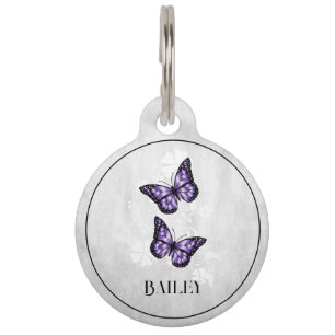 Placa Para Mascotas Etiqueta morada de mariposa floral redondeada de m