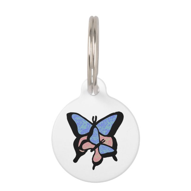 Placa Para Mascotas Etiqueta para mascota Mariposas Azules y Rosas (Anverso)
