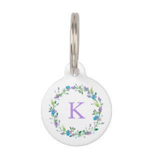 Placa Para Mascotas Etiqueta personalizada floral púrpura y azul del