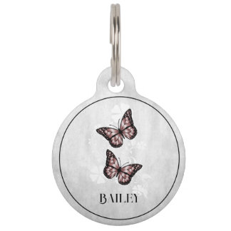 Placa Para Mascotas Etiqueta Redonda Floral de mariposa rosa