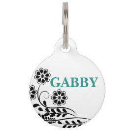 Placa Para Mascotas Etiqueta redonda floral verde azulado y negro para