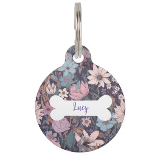 Placa Para Mascotas Etiqueta redonda personalizada con flores púrpura