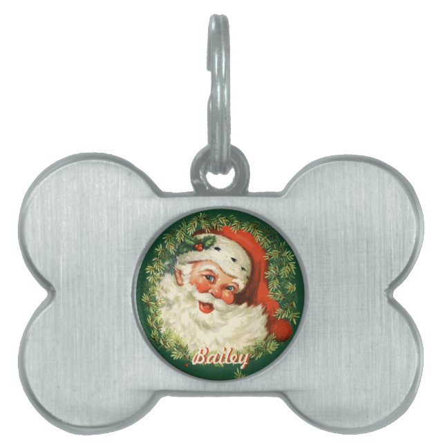 Placa Para Mascotas Etiqueta Retro Santa Pet (Frente)