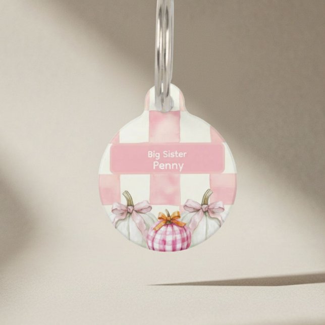 Placa Para Mascotas Fall Pink Pumpkin Gingham Baby Shower Gran Hermana (Subido por el creador)